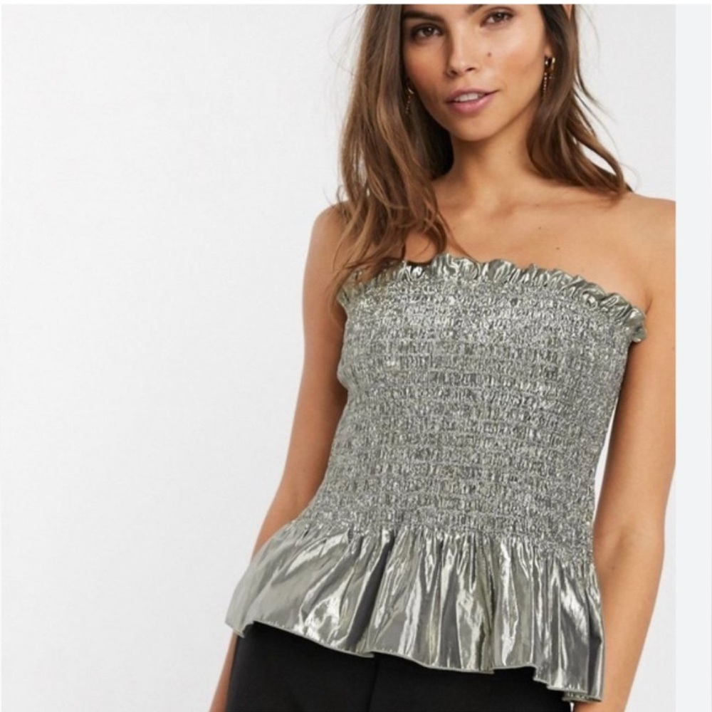 & Other Stories- Metallic Strapless Silver Smocked Top, Size Medium